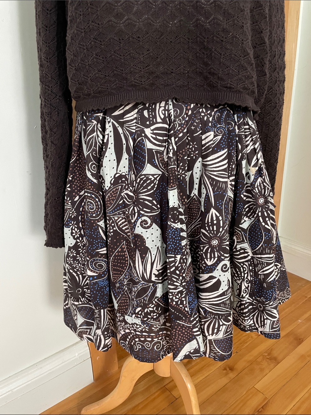 COUPÉ Vintage Y2K Women's Brown, Blue & Mint Floral Print Skater Skirt, Size L